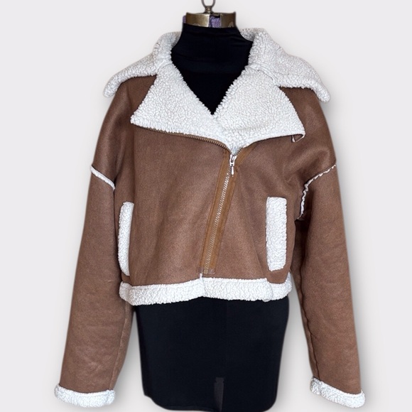 Cider Faux Shearling Brown and White Cropped Biker Teddy Jacket 1X - Picture 6 of 15